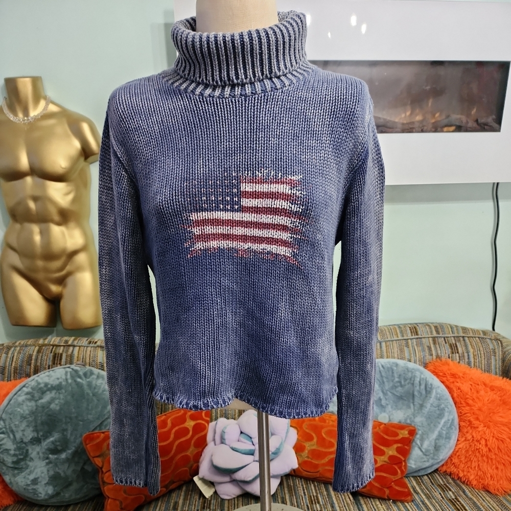 525 America Turtleneck Blue Flag Sweater - Medium Y2K Vintage cottage